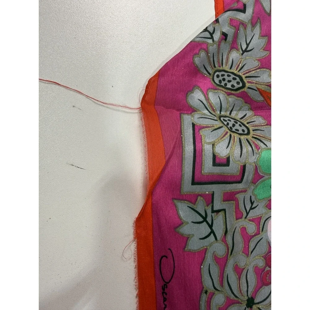 VTG Oscar de La Renta Silk Scarf Floral Pink Fuchsia Navy Blue Square 35